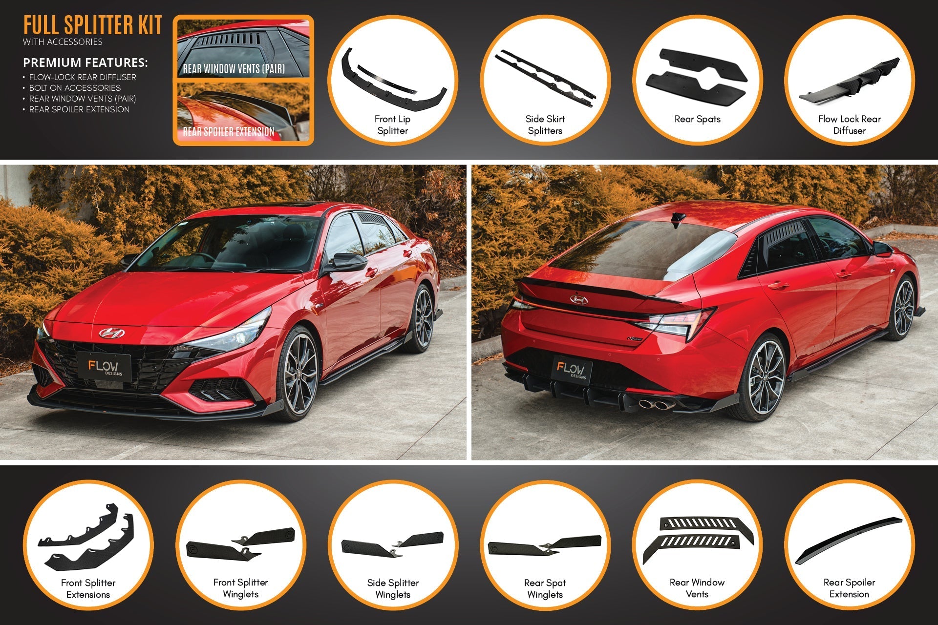 FLOW Designs  CN7 i30 N Line Sedan 2020 - 2022 Full Lip Splitter Set - MODE Auto Concepts