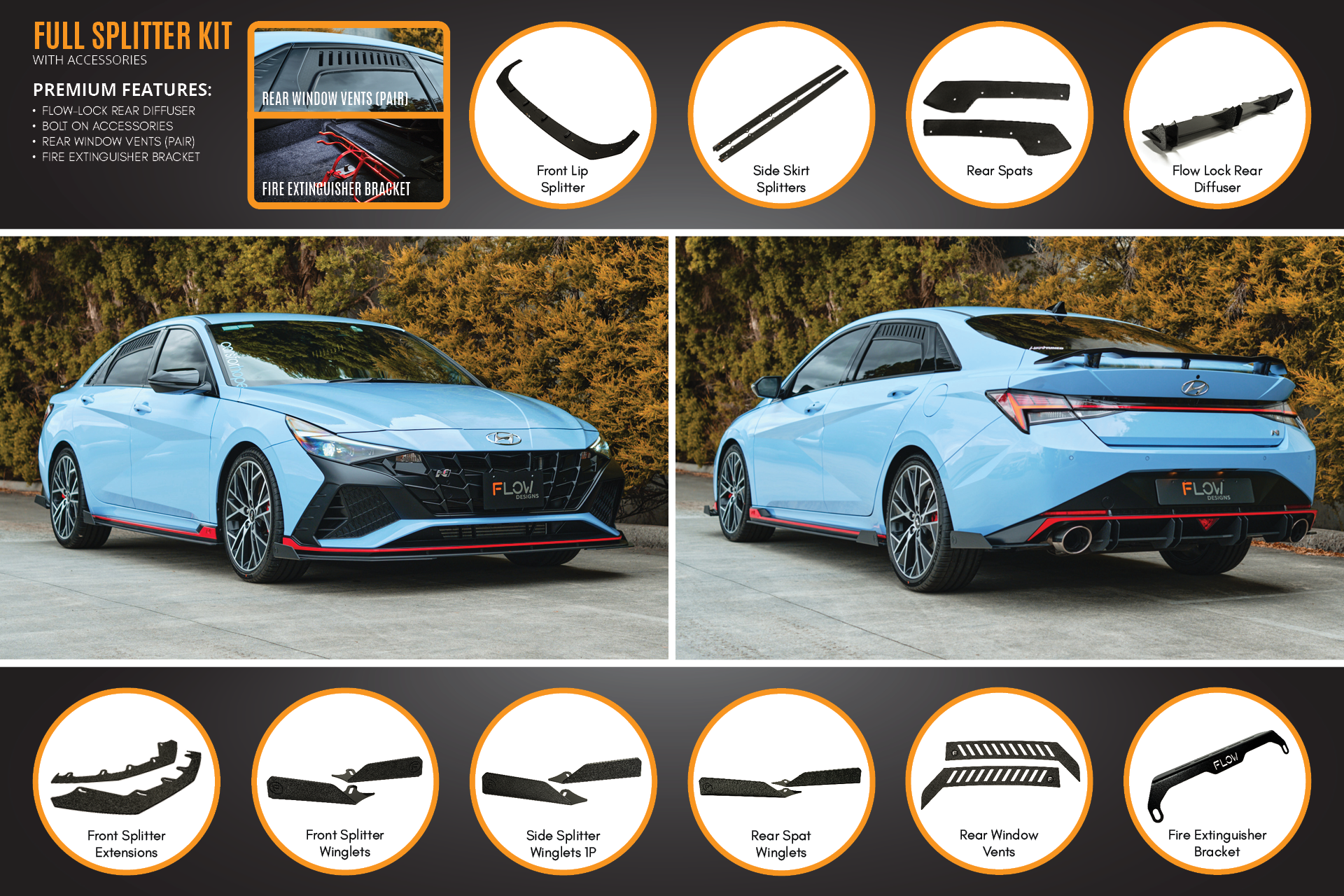 FLOW Designs  CN7 Elantra N Sedan 2021 Full Lip Splitter Set - MODE Auto Concepts
