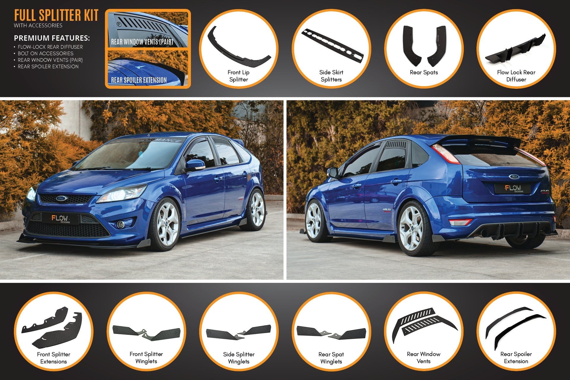 FLOW Designs  XR5 Focus Turbo V3 Full Lip Splitter Set - MODE Auto Concepts