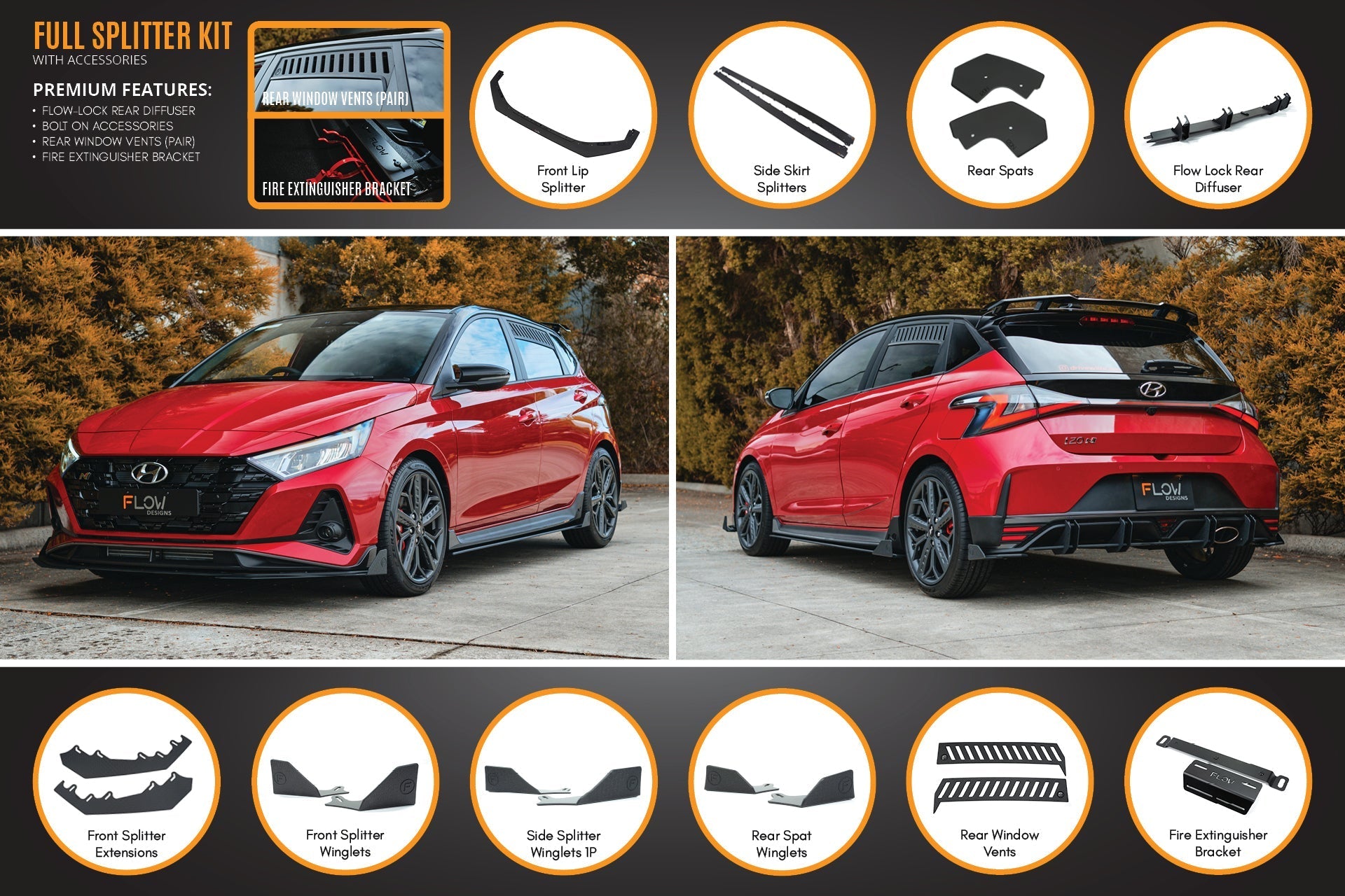FLOW Designs  i20 N BC3 Pre-Facelift Full Lip Splitter Set - MODE Auto Concepts