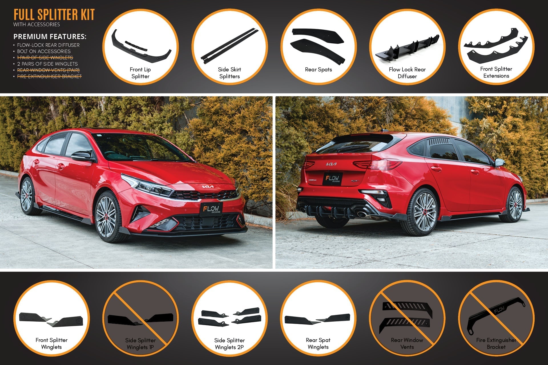 FLOW Designs  Cerato GT Hatch Facelift Full Lip Splitter Set - MODE Auto Concepts