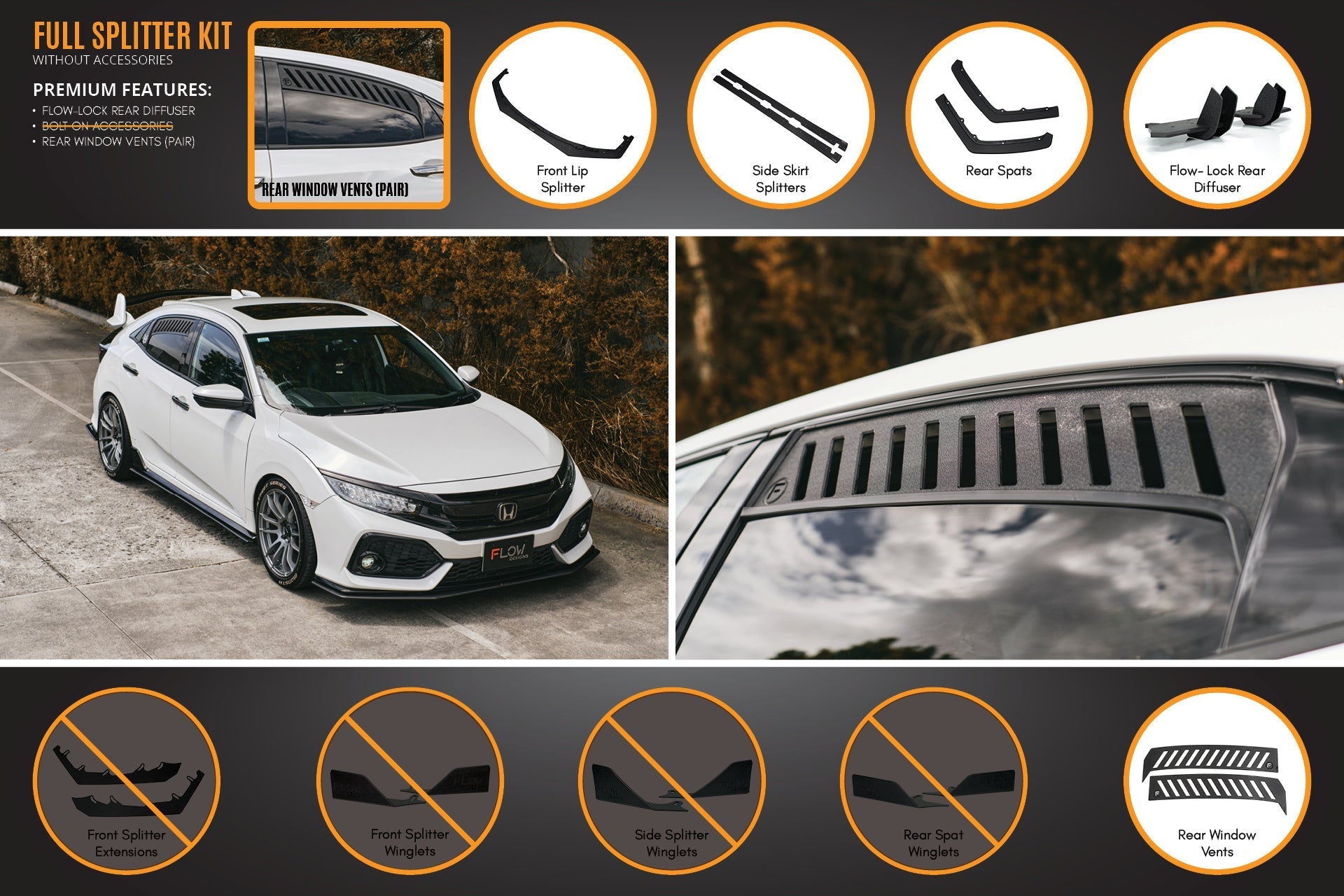 FLOW Designs  FK4/FK7 Civic RS Hatch PFL Full Lip Splitter Set - MODE Auto Concepts