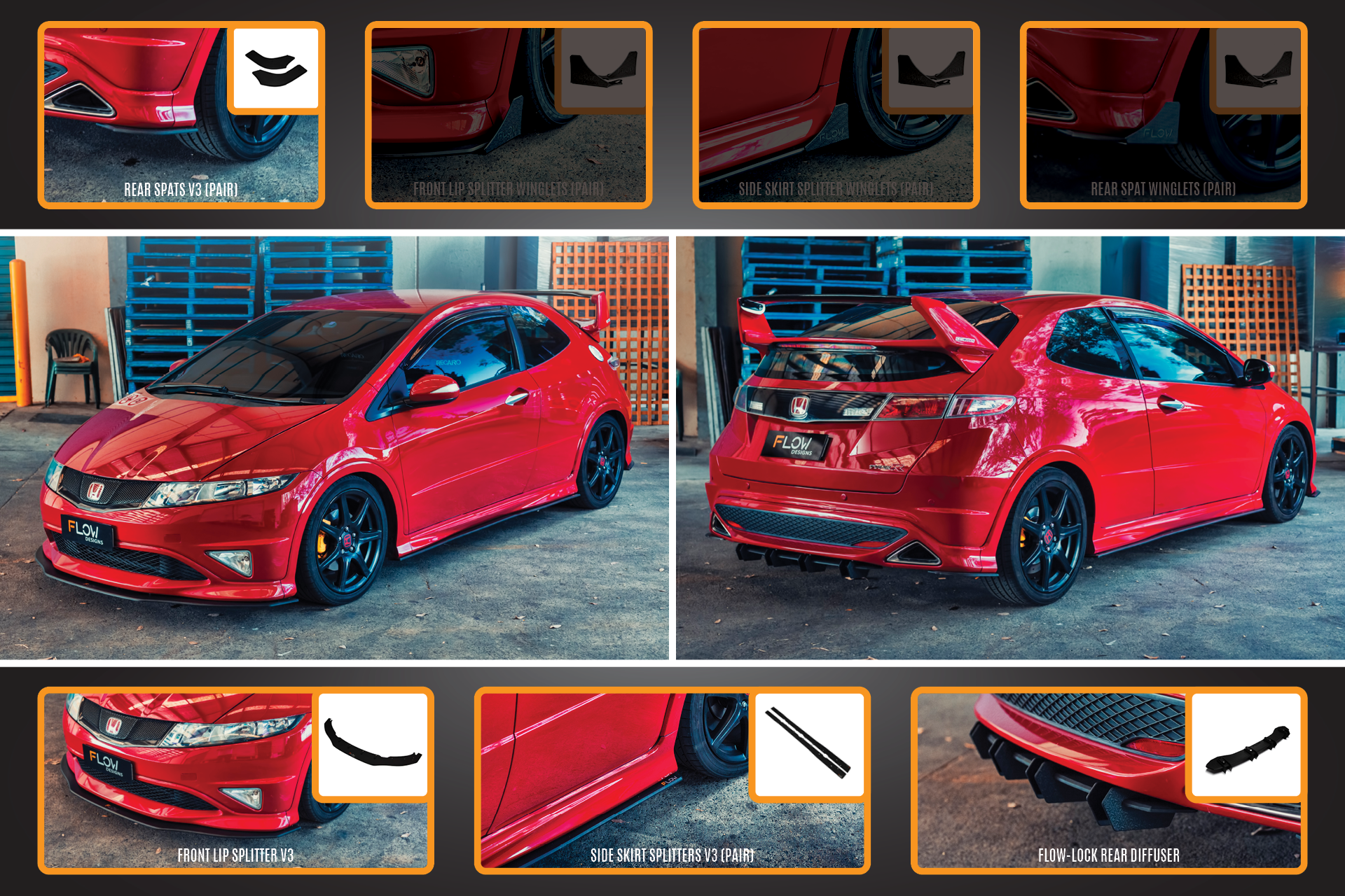 FLOW Designs  FN2 Civic Type R Full Lip Splitter Set - MODE Auto Concepts