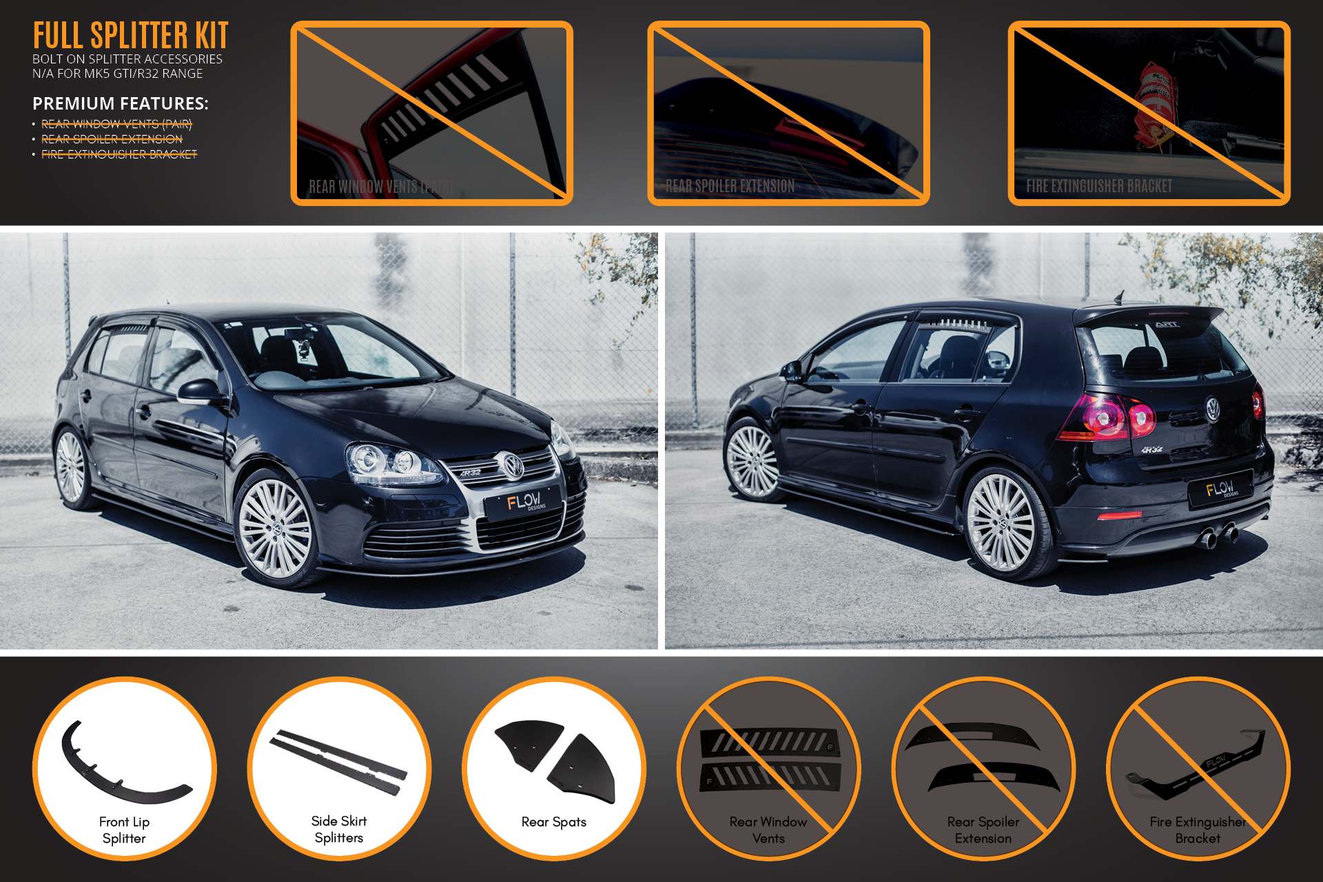 FLOW Designs  MK5 Golf R32 Full Lip Splitter Set - MODE Auto Concepts