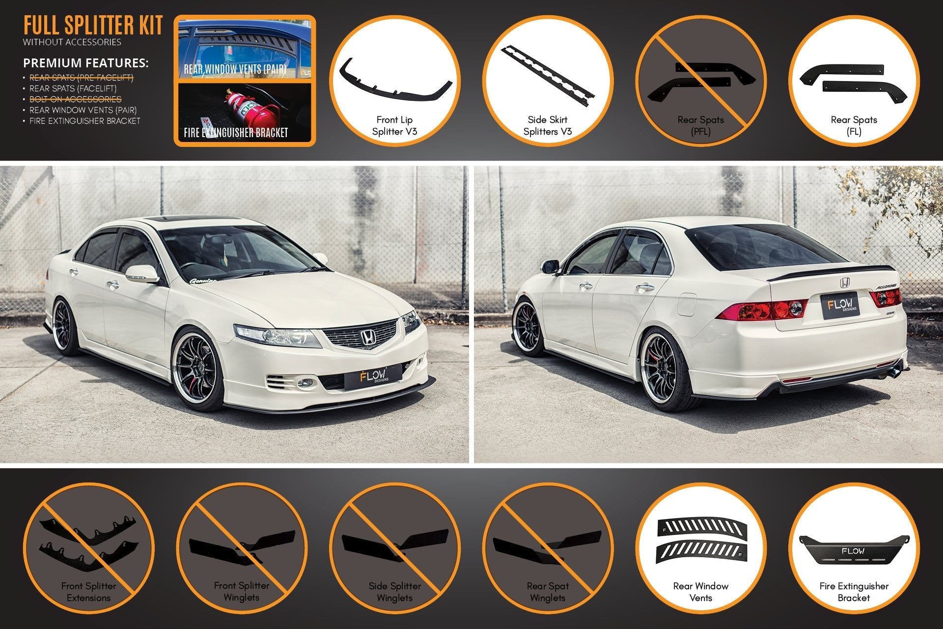 FLOW Designs  Honda Accord Euro PRE-FACELIFT CL7/CL9 Full Lip Splitter Set - MODE Auto Concepts