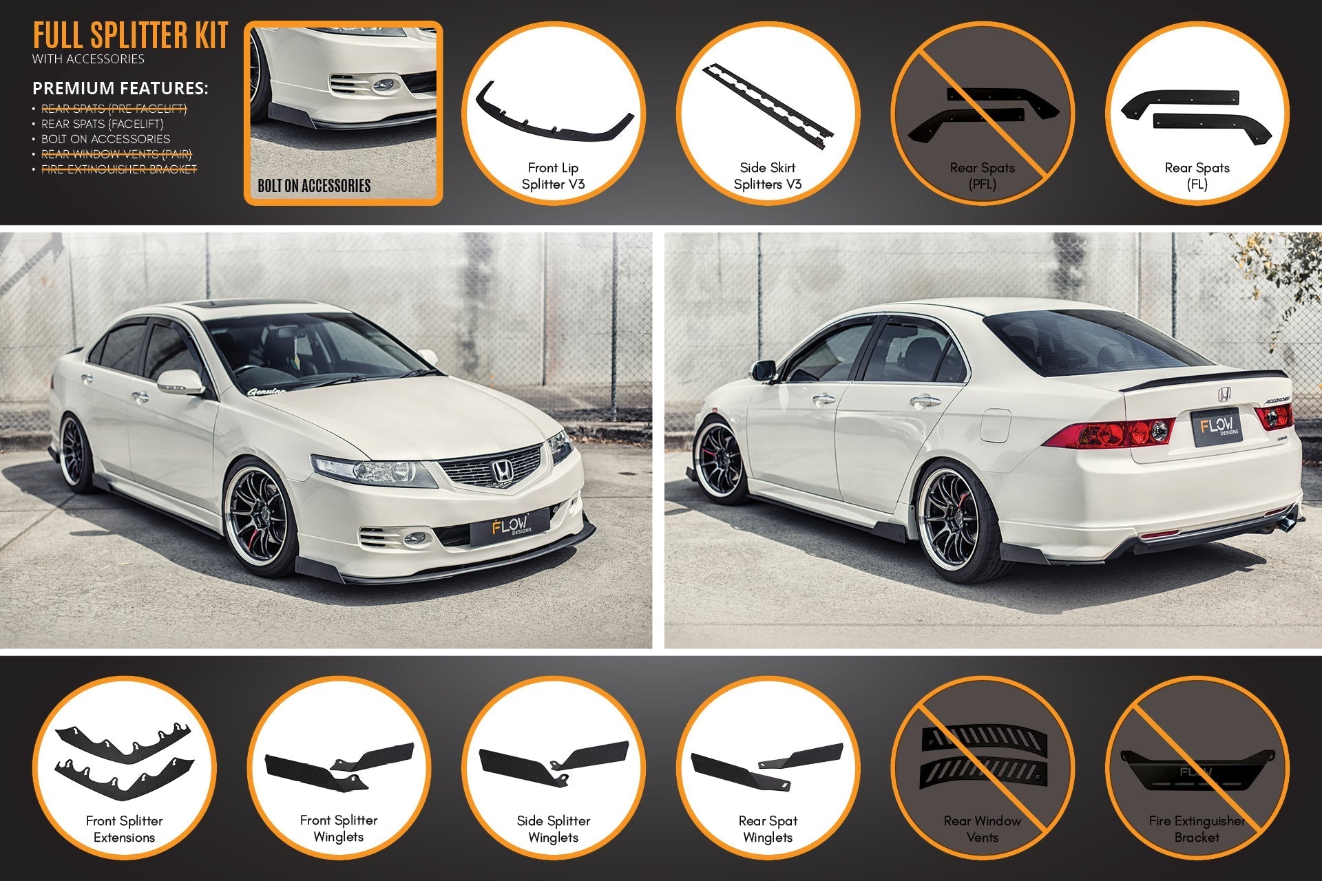 FLOW Designs  Honda Accord Euro PRE-FACELIFT CL7/CL9 Full Lip Splitter Set - MODE Auto Concepts