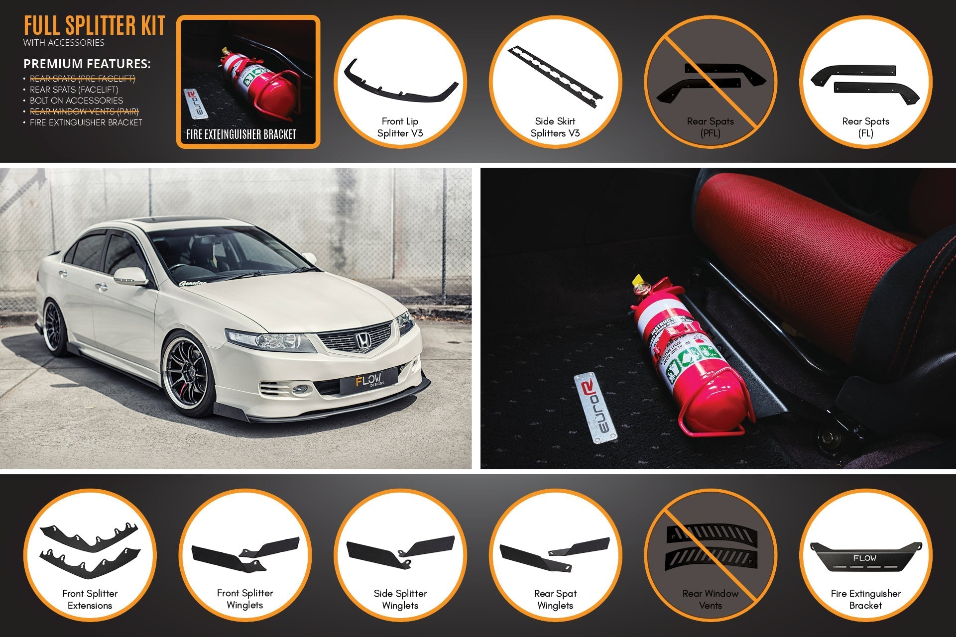 FLOW Designs  Honda Accord Euro PRE-FACELIFT CL7/CL9 Full Lip Splitter Set - MODE Auto Concepts