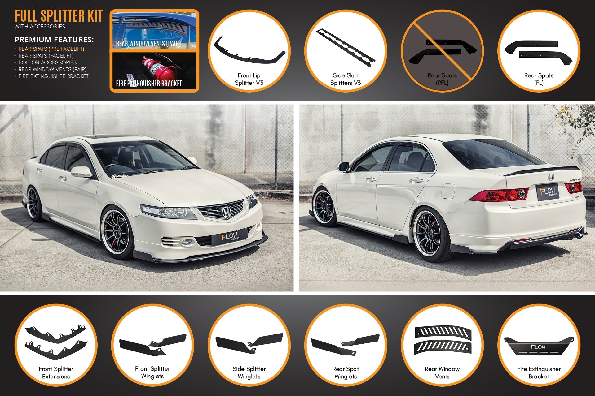 FLOW Designs  Honda Accord Euro PRE-FACELIFT CL7/CL9 Full Lip Splitter Set - MODE Auto Concepts