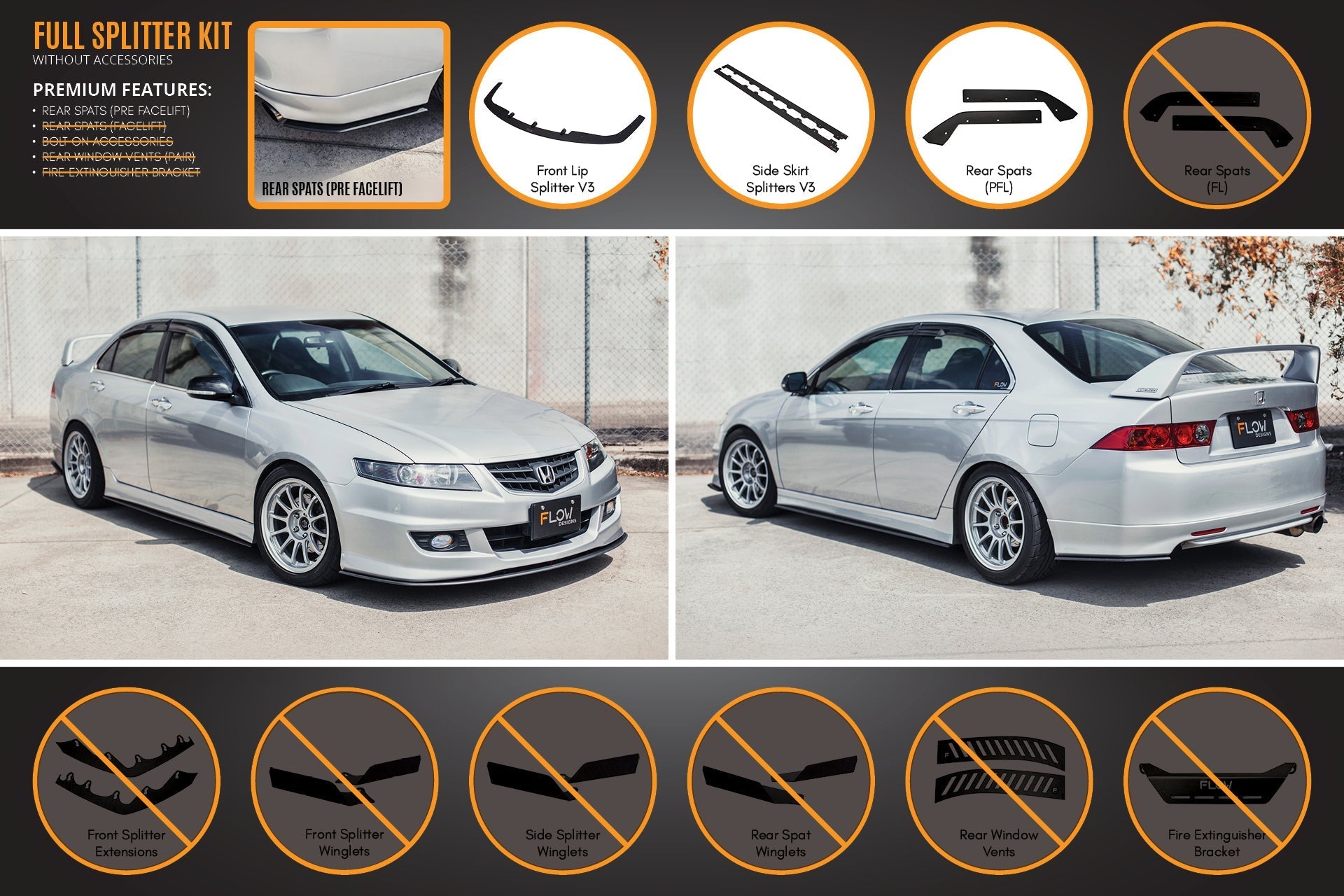 FLOW Designs  Honda Accord Euro PRE-FACELIFT CL7/CL9 Full Lip Splitter Set - MODE Auto Concepts