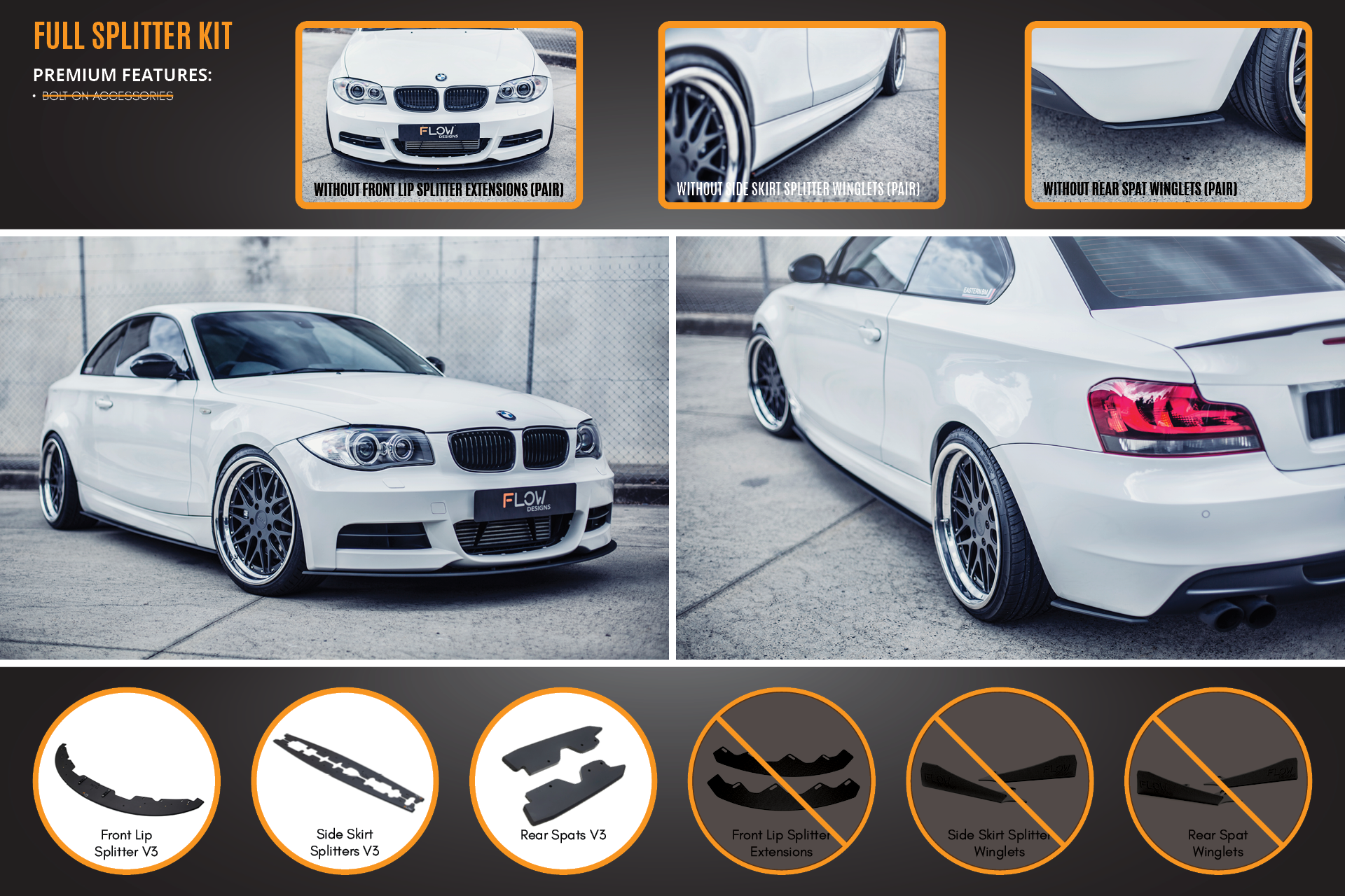 FLOW Designs  E82 M Sport Full Lip Splitter Set - MODE Auto Concepts