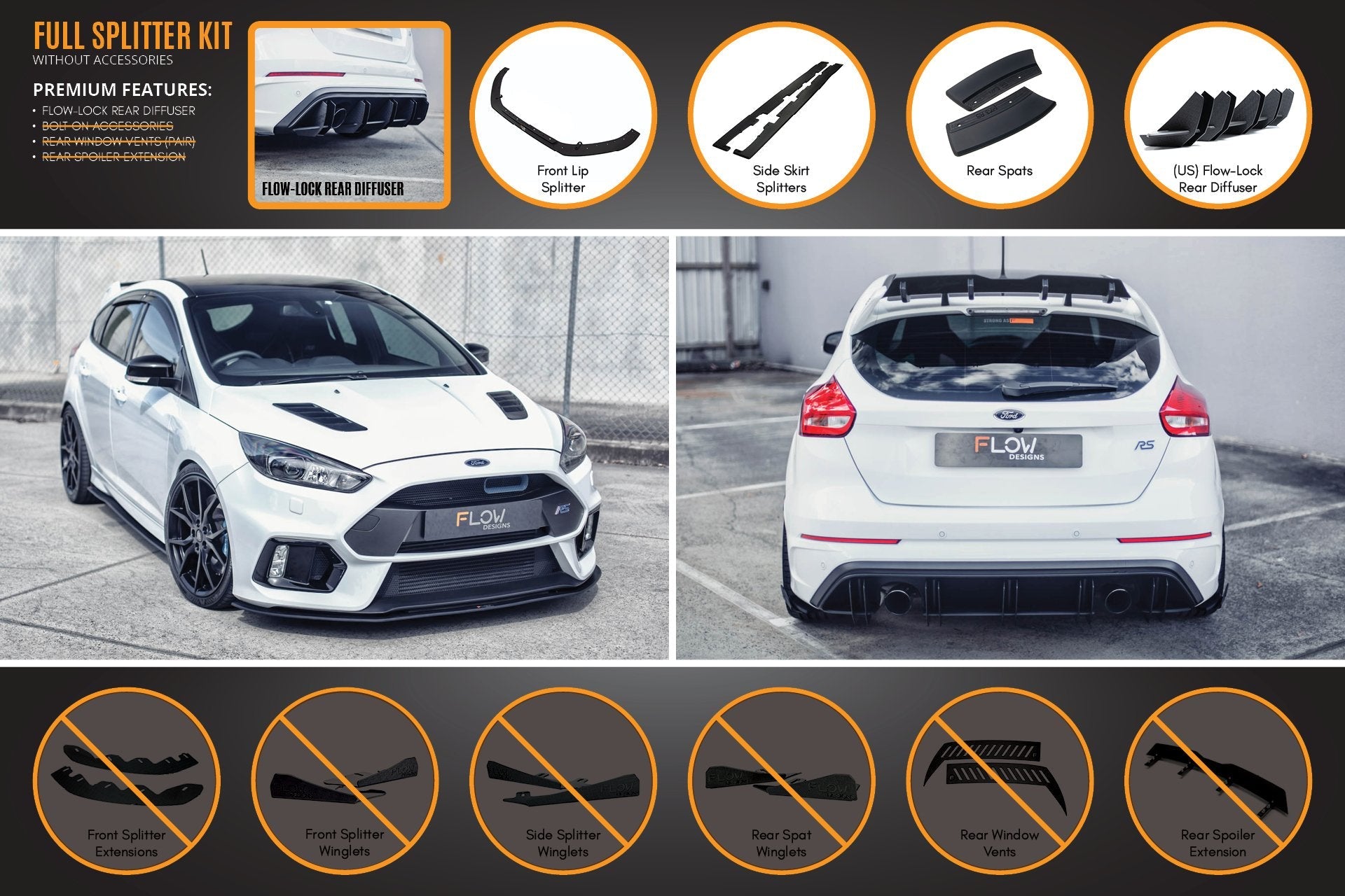 FLOW Designs  MK3 Focus RS Full Lip Splitter Set - MODE Auto Concepts