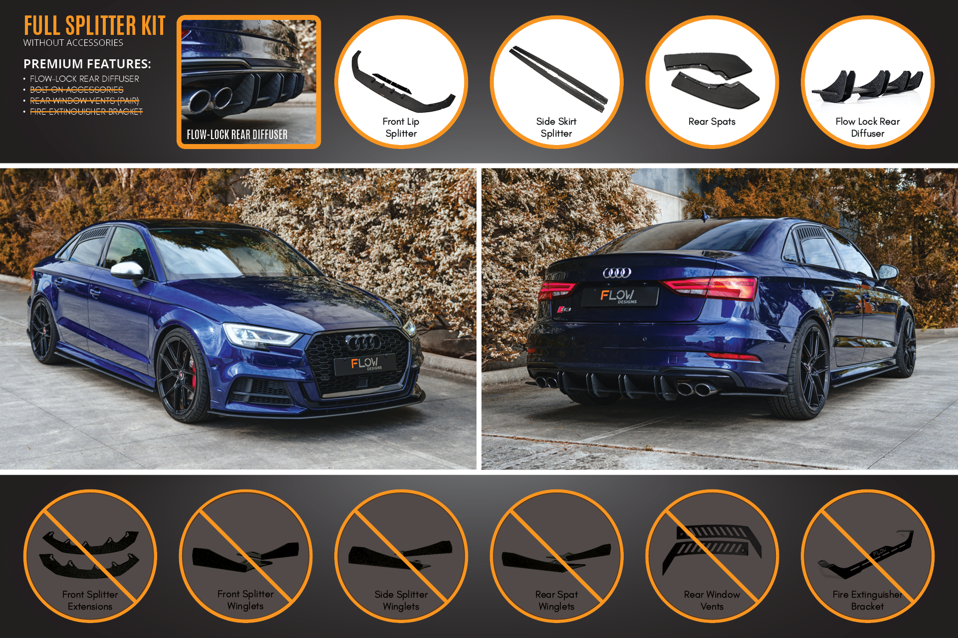 FLOW Designs  S3 8V Sedan Facelift Full Lip Splitter Set - MODE Auto Concepts