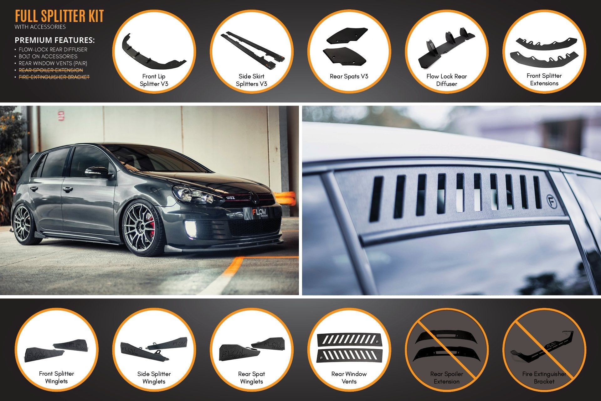 FLOW Designs  MK6 Golf GTI Full Lip Splitter Set - MODE Auto Concepts