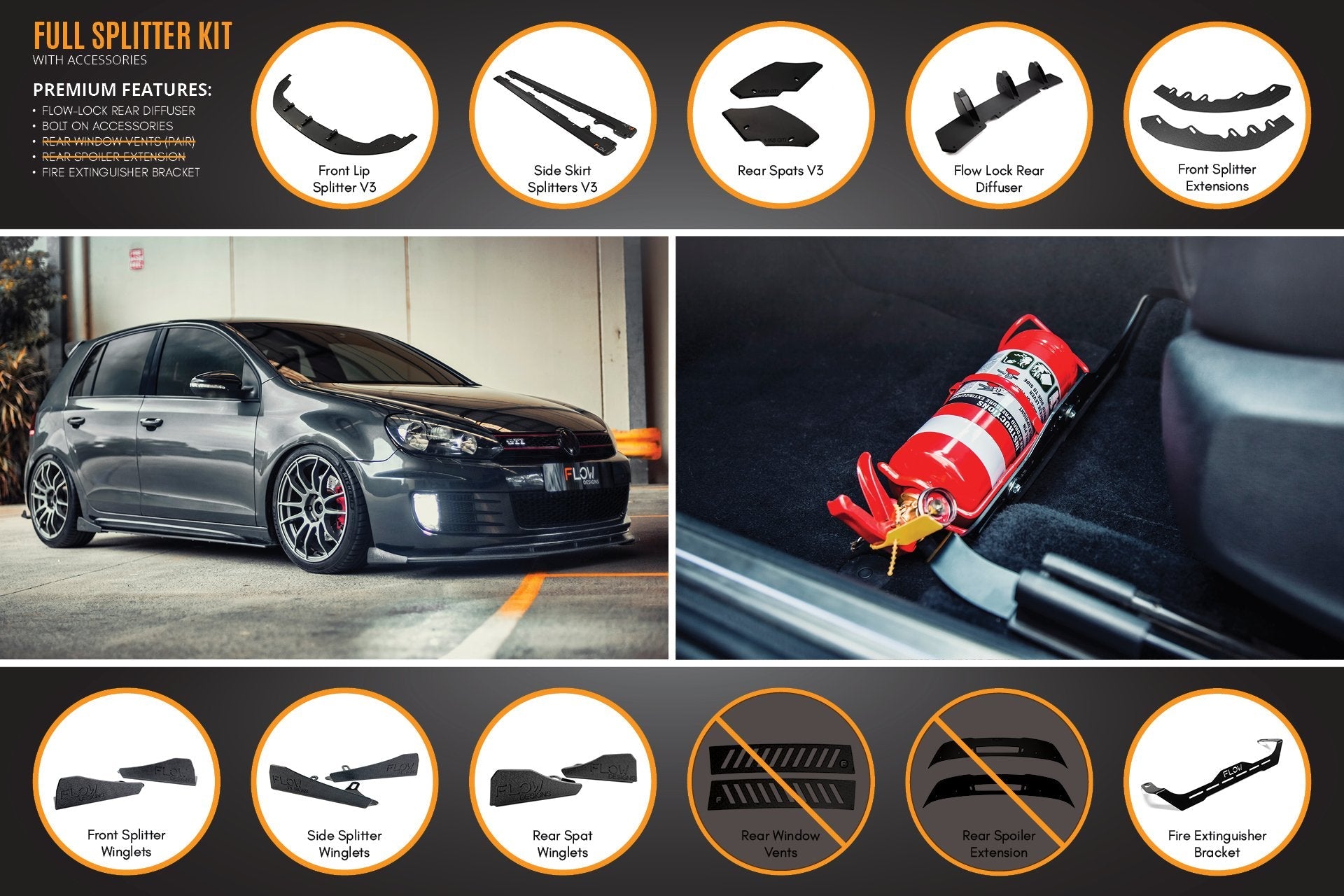FLOW Designs  MK6 Golf GTI Full Lip Splitter Set - MODE Auto Concepts