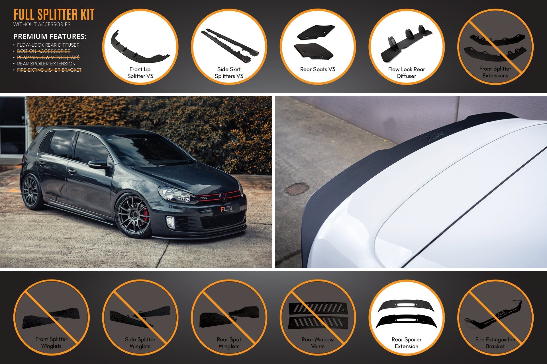 FLOW Designs  MK6 Golf GTI Full Lip Splitter Set - MODE Auto Concepts