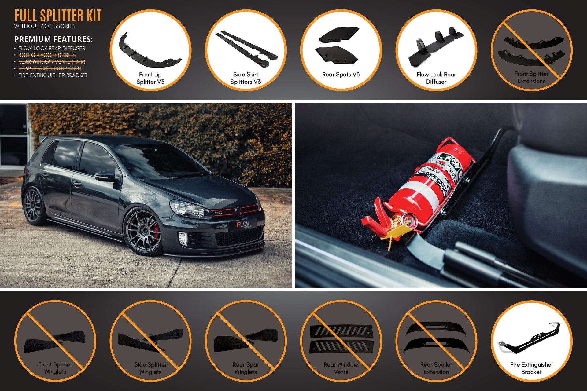 FLOW Designs  MK6 Golf GTI Full Lip Splitter Set - MODE Auto Concepts