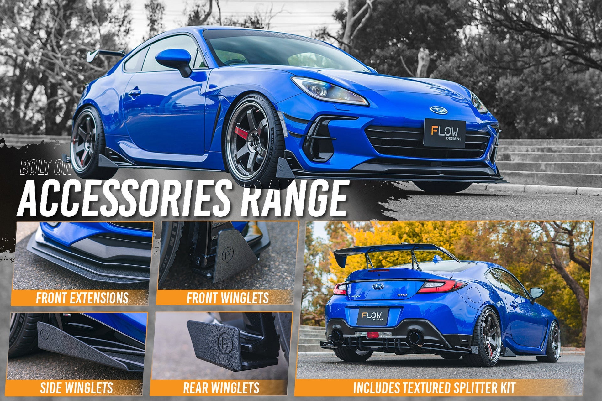 FLOW Designs  ZD8 BRZ STI Full Lip Splitter Set (TEXTURED BLACK) - MODE Auto Concepts