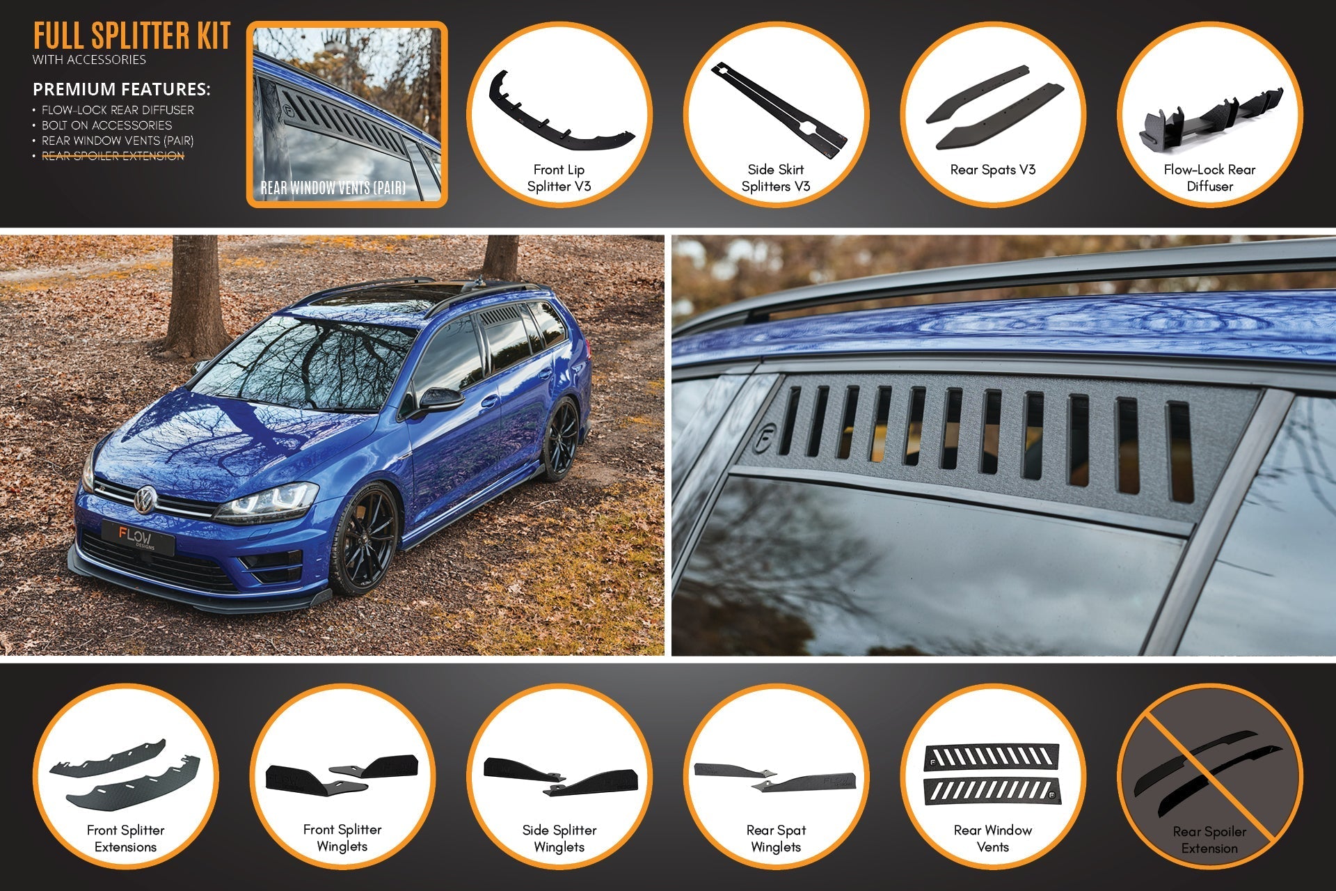 FLOW Designs  MK7 Golf R Wagon - Full Lip Splitter Set - MODE Auto Concepts