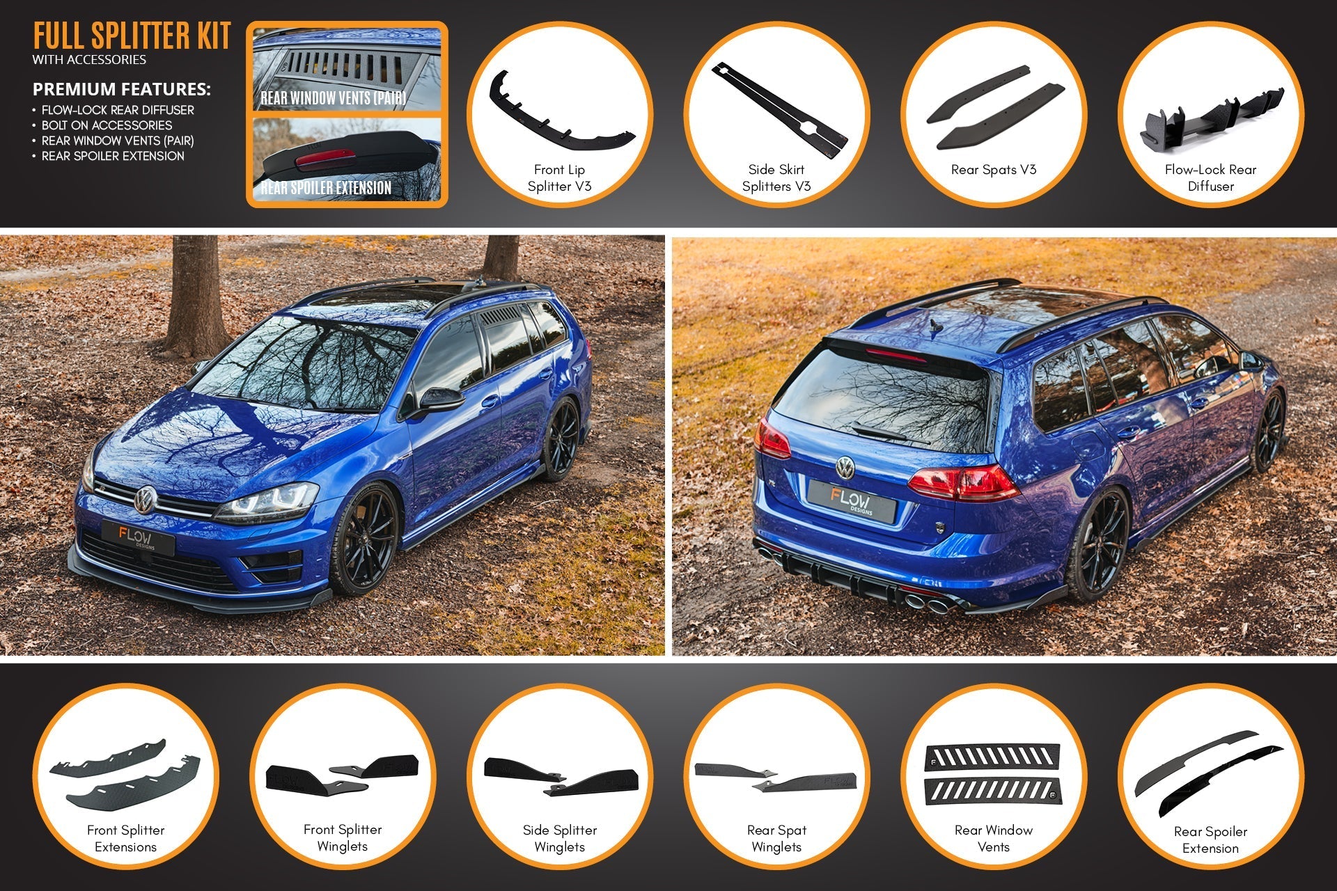 FLOW Designs  MK7 Golf R Wagon - Full Lip Splitter Set - MODE Auto Concepts