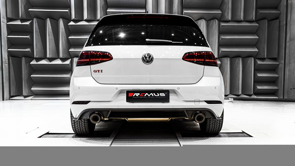 REMUS Performance Exhaust System RACING GPF-back-system dual L/R, for original rear skirt: Sport exhaust centered dual with connection tube and non-resonated RACING GPF-back section, Original tube Ø 65 mm - REMUS tube Ø 70 mm, NO (EEC-) APPROVAL - MODE Auto Concepts