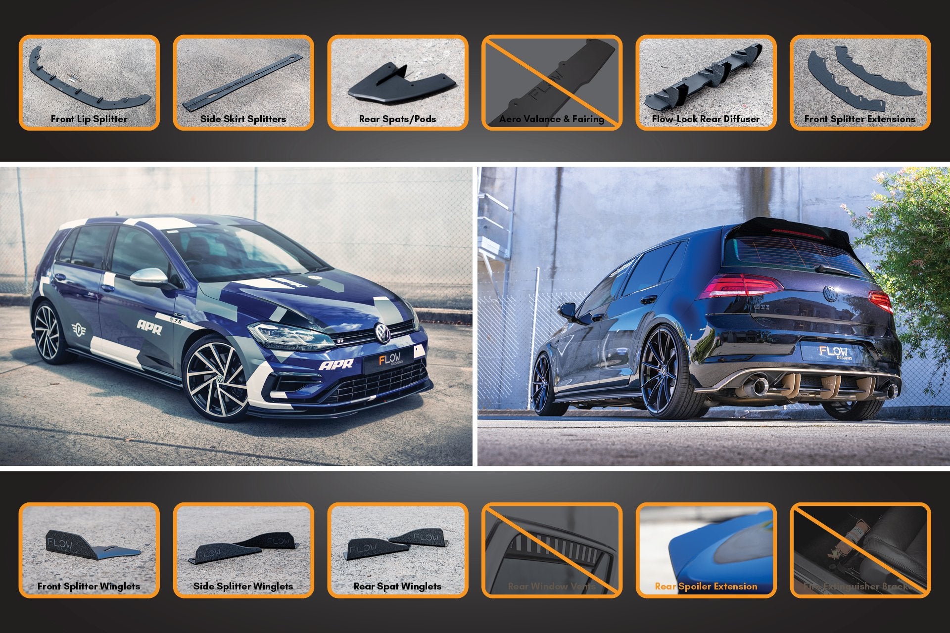 MK7.5 Golf R Full Lip Splitter Set with Flow-Lock Rear Diffuser - MODE Auto Concepts