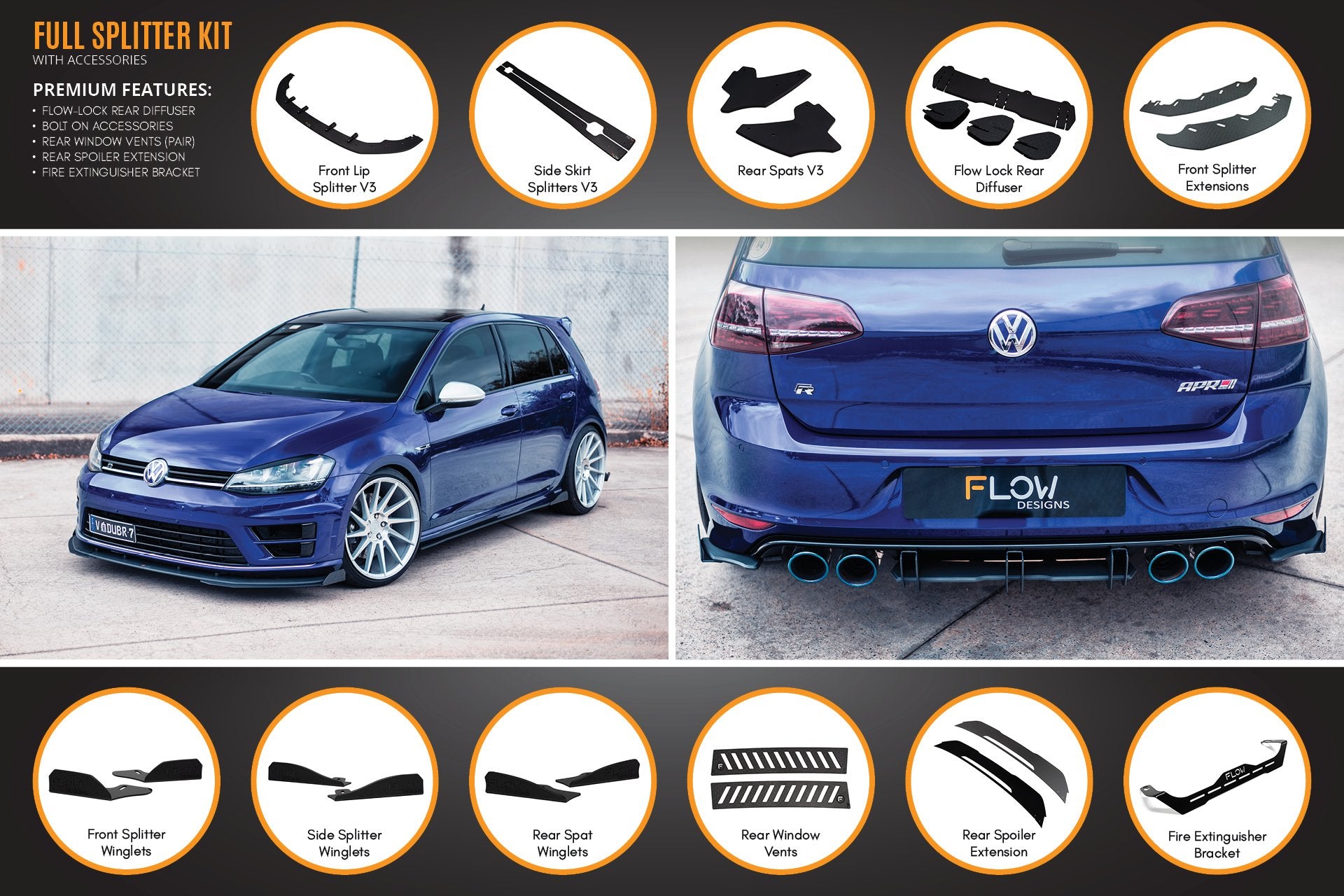 MK7 Golf R Full Lip Splitter Set with Flow-Lock Rear Diffuser - MODE Auto Concepts