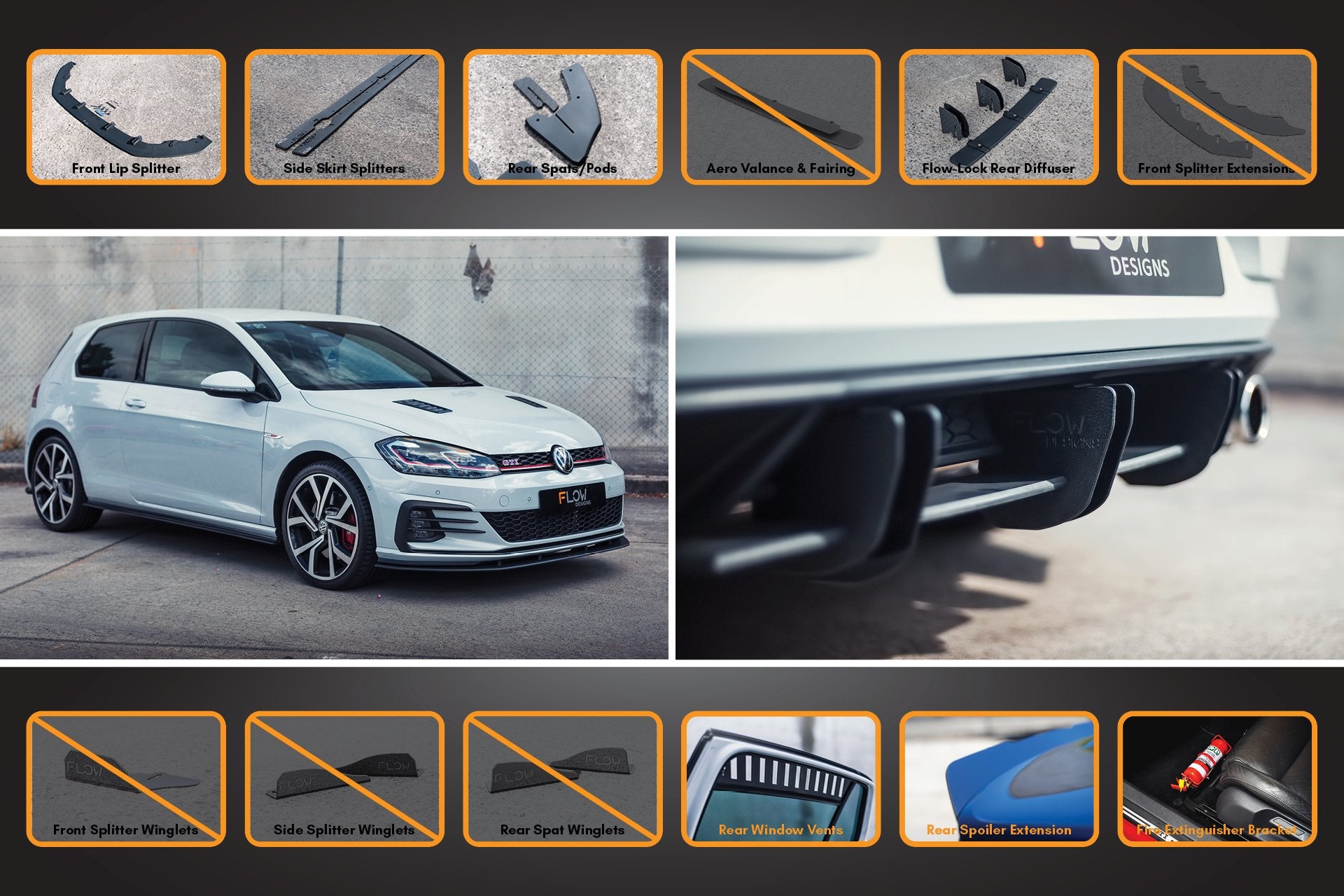 MK7.5 Golf GTI Full Lip Splitter Set with Flow-Lock Rear Diffuser - MODE Auto Concepts