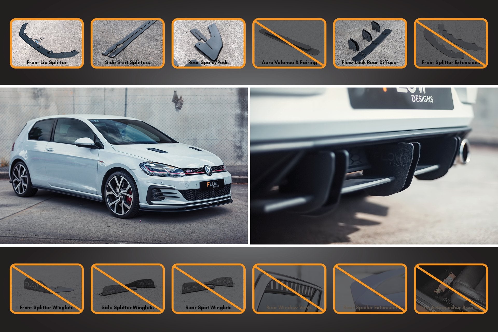 MK7.5 Golf GTI Full Lip Splitter Set with Flow-Lock Rear Diffuser - MODE Auto Concepts